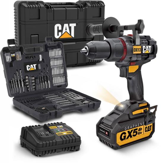 CAT DX13SET 18Volt/5.0Ah GRAPHENE Li-ion Kömürsüz Profesyonel Darbeli Matkap + DA01903 201 Parça Delme/Vidalama Uç Seti