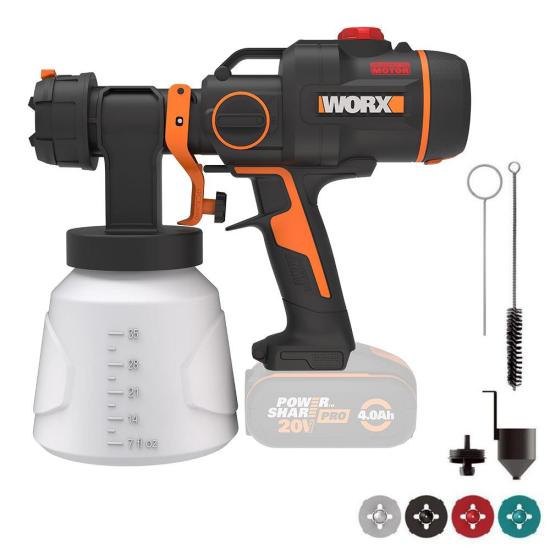 WORX WX020.9 20Volt Kömürsüz Devir Ayarlı Boya Tabancası + 4 Parça Yedek Nozul/Meme (Akü Dahil Değildir)