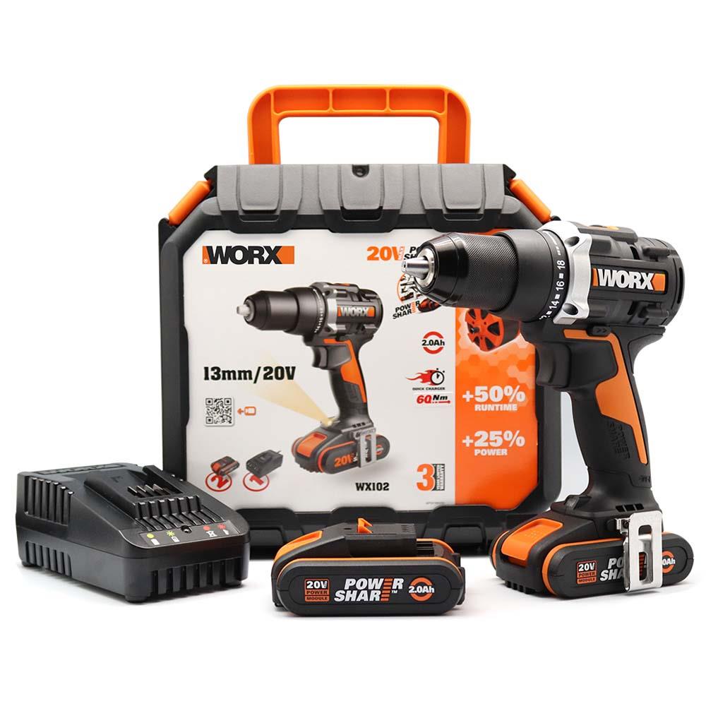 WORX%20WX102%2020Volt/2.0Ah%20Li-ion%20Çift%20Akülü%20Kömürsüz%20Profesyonel%20Şarjlı%20Matkap