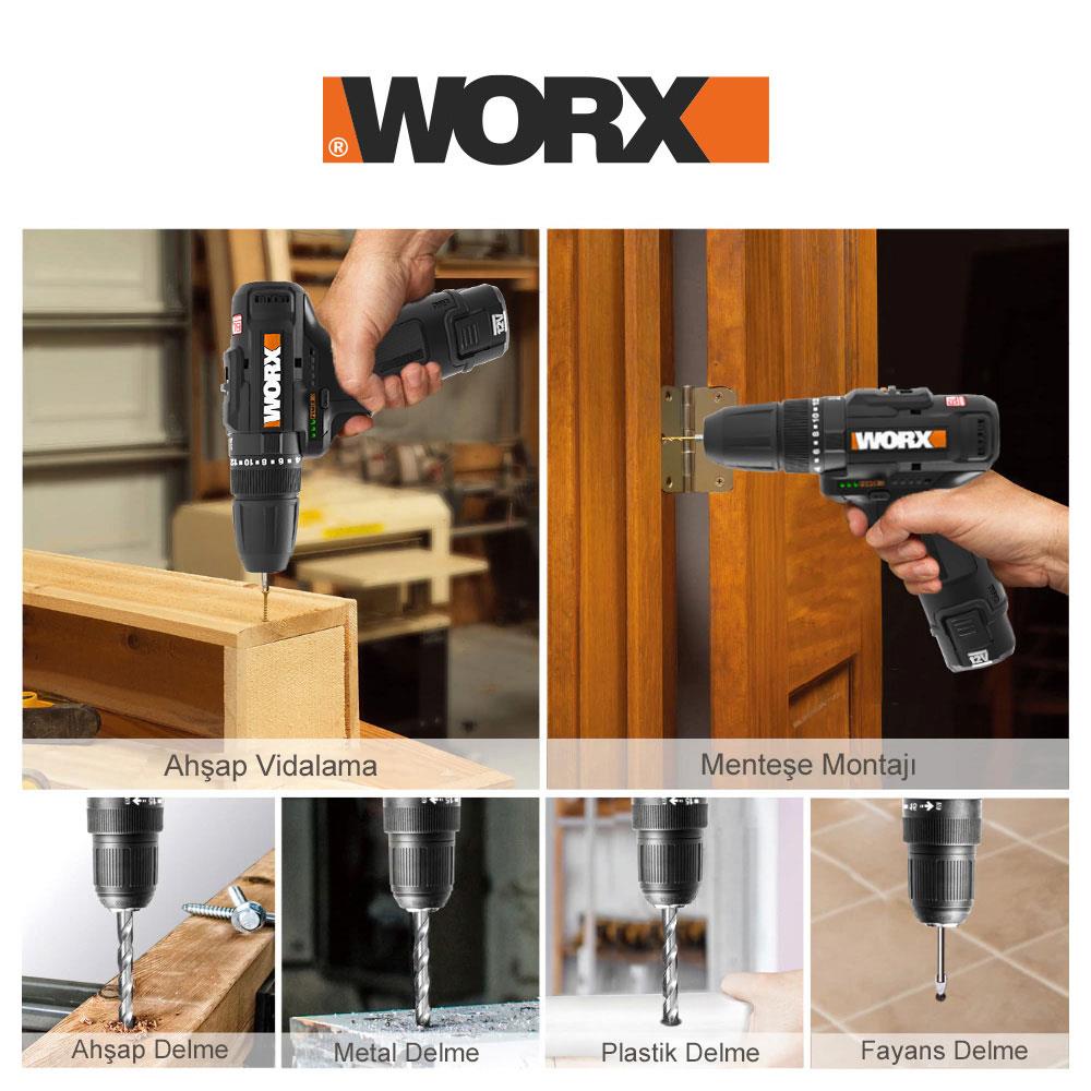 WORX%20WX121%2012Volt/2.0Ah%20Li-ion%20Çift%20Akülü%20Kömürsüz%20Profesyonel%20Şarjlı%20Darbeli%20Matkap%20+%205%20Parça%20Aksesuar