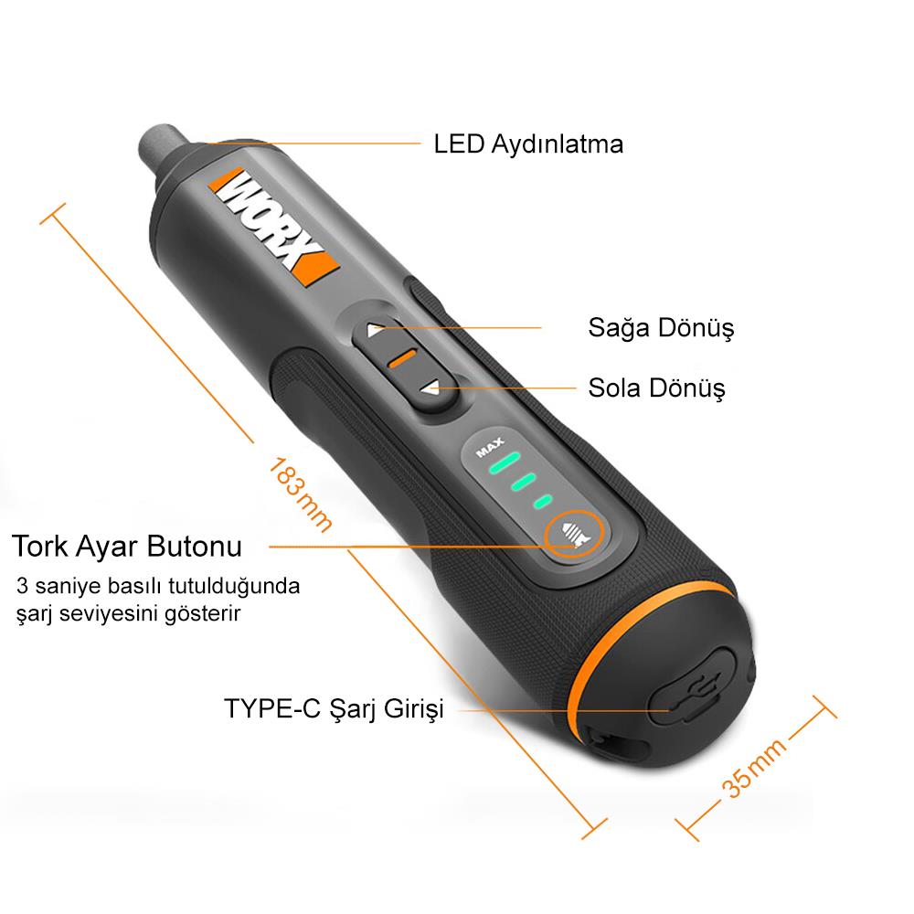 WORX%20WX240%204Volt/1.5Ah.%20Li-ion%20Akıllı%20Şarjlı%20Tornavida%20+%2026%20adet%20Bits%20Uç