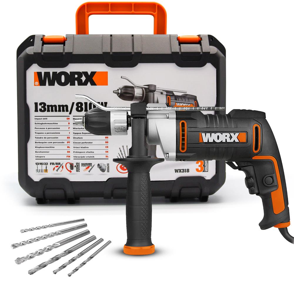 WORX%20WX318%20810Watt%2013mm%20Profesyonel%20Darbeli%20Matkap%20+%206%20Adet%20Uç