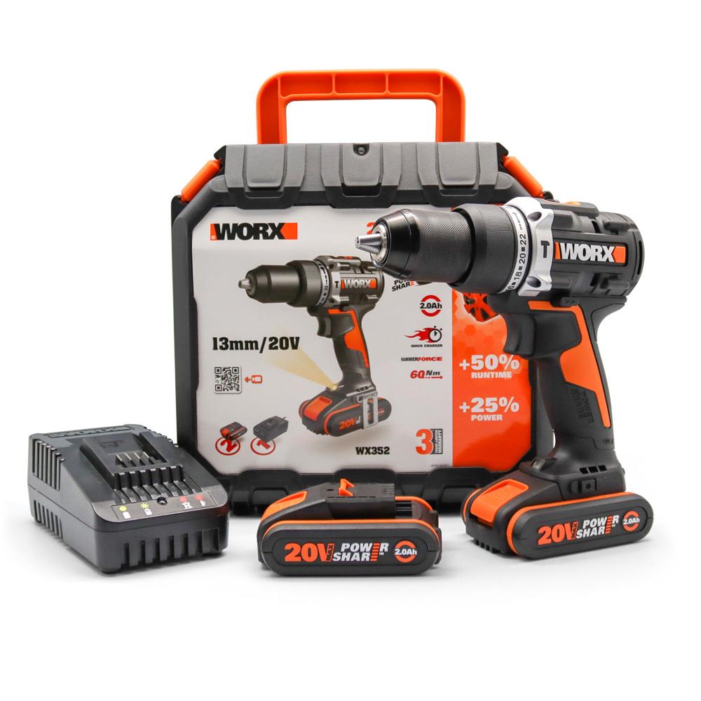 WORX%20WX352%2020Volt/2.0Ah%20Li-ion%20Çift%20Akülü%20Kömürsüz%20Profesyonel%20Şarjlı%20Darbeli%20Matkap