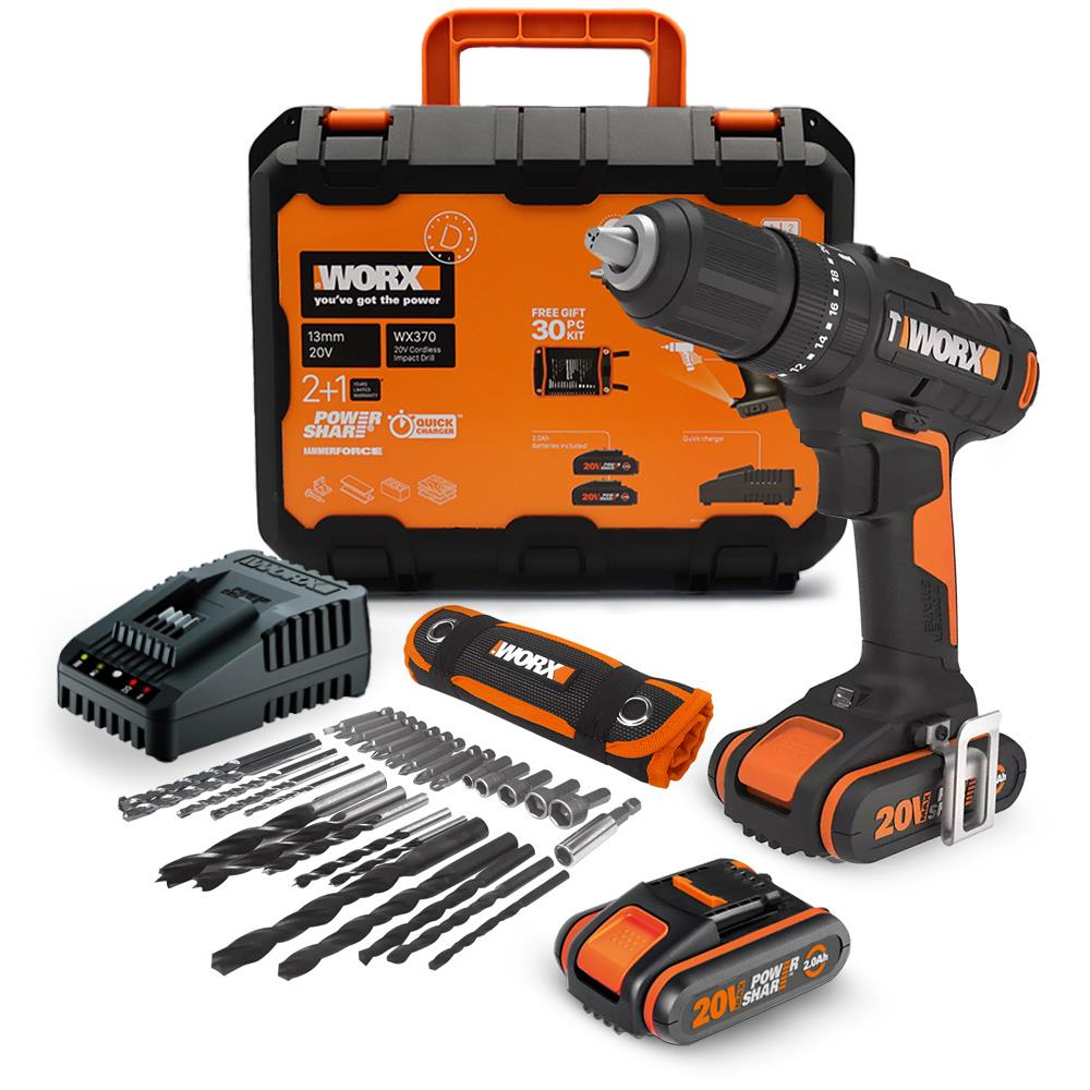 WORX%20WX370%2020Volt/2Ah.%20Li-ion%20Çift%20Akülü%20Profesyonel%20Şarjlı%20Darbeli%20Matkap%20+%2030%20Parça%20Aksesuar%20Seti