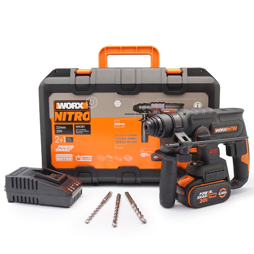 WORX%20WX381%2020Volt%204.0Ah.%202J%20Li-ion%20Tek%20Akülü%20Profesyonel%20SDS-Plus%20Pnömatik%20Kırıcı/Delici%20+%203%20Parça%20Delme%20Ucu