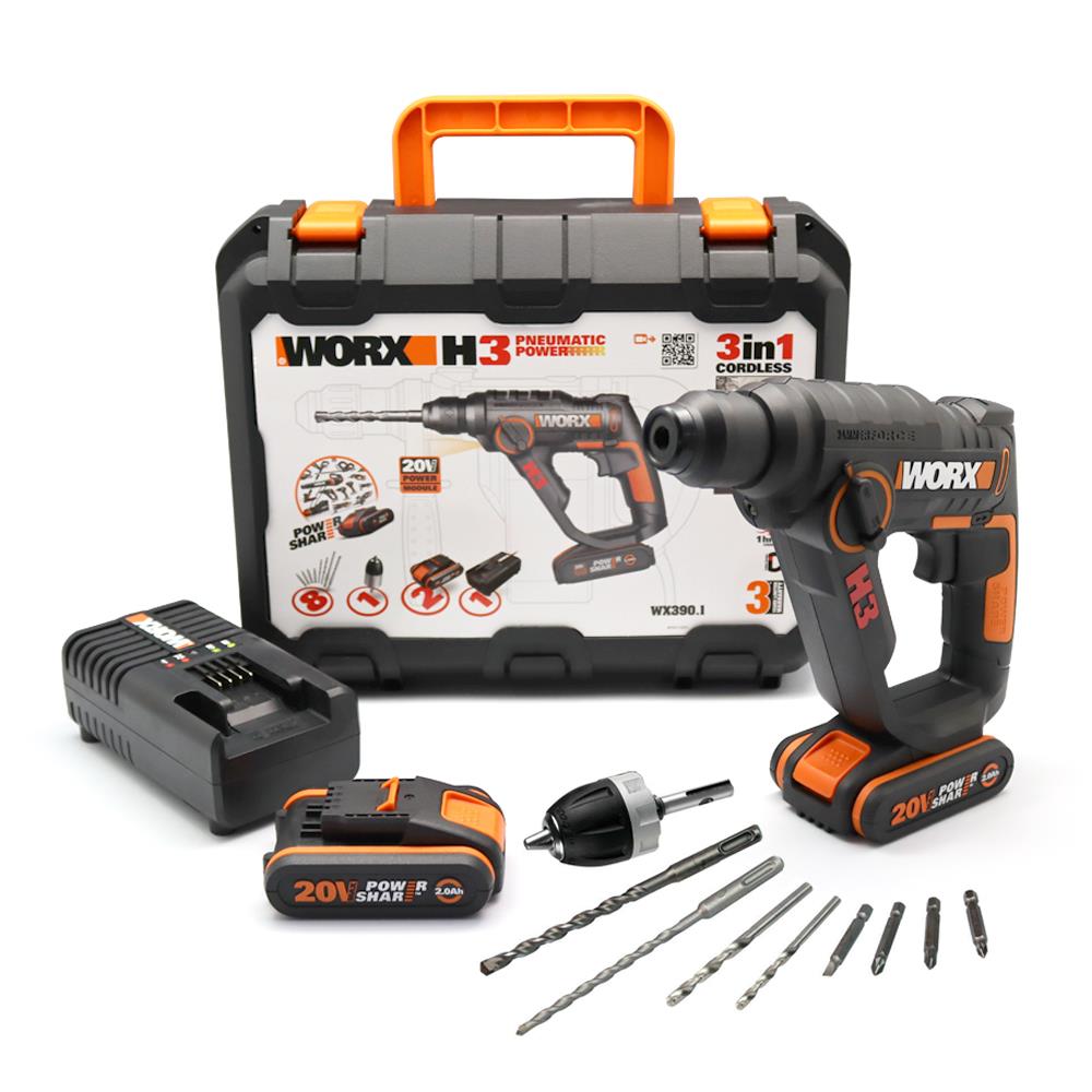 WORX%20WX390.1%2020Volt%202.0Ah.%20Li-ion%201.2J%20%20SDS-Plus%20Pnömatik%20Çift%20Akülü%20Şarjlı%20Matkap%208%20Adet%20Uç%20Mandren