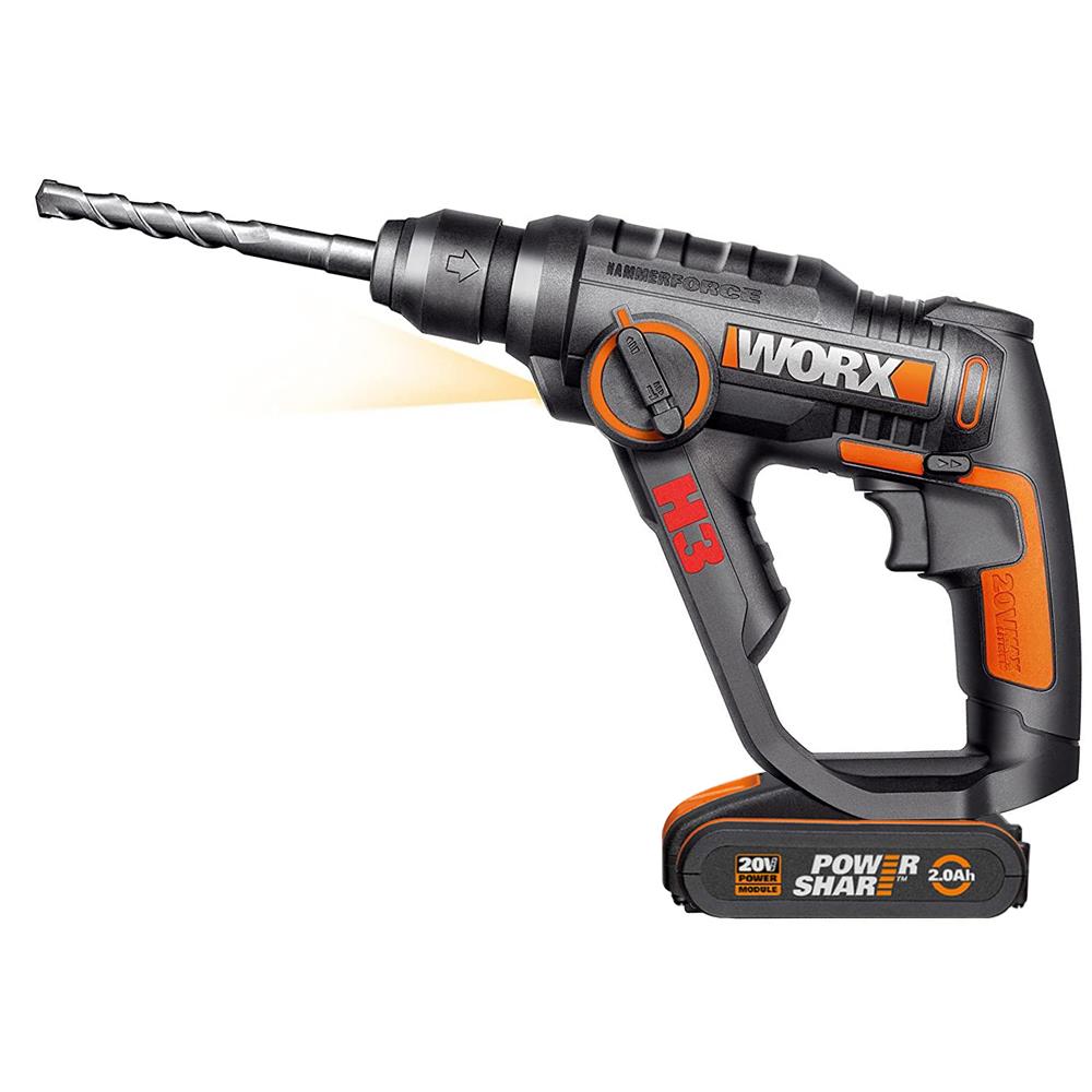 WORX%20WX390.1%2020Volt%202.0Ah.%20Li-ion%201.2J%20%20SDS-Plus%20Pnömatik%20Çift%20Akülü%20Şarjlı%20Matkap%208%20Adet%20Uç%20Mandren