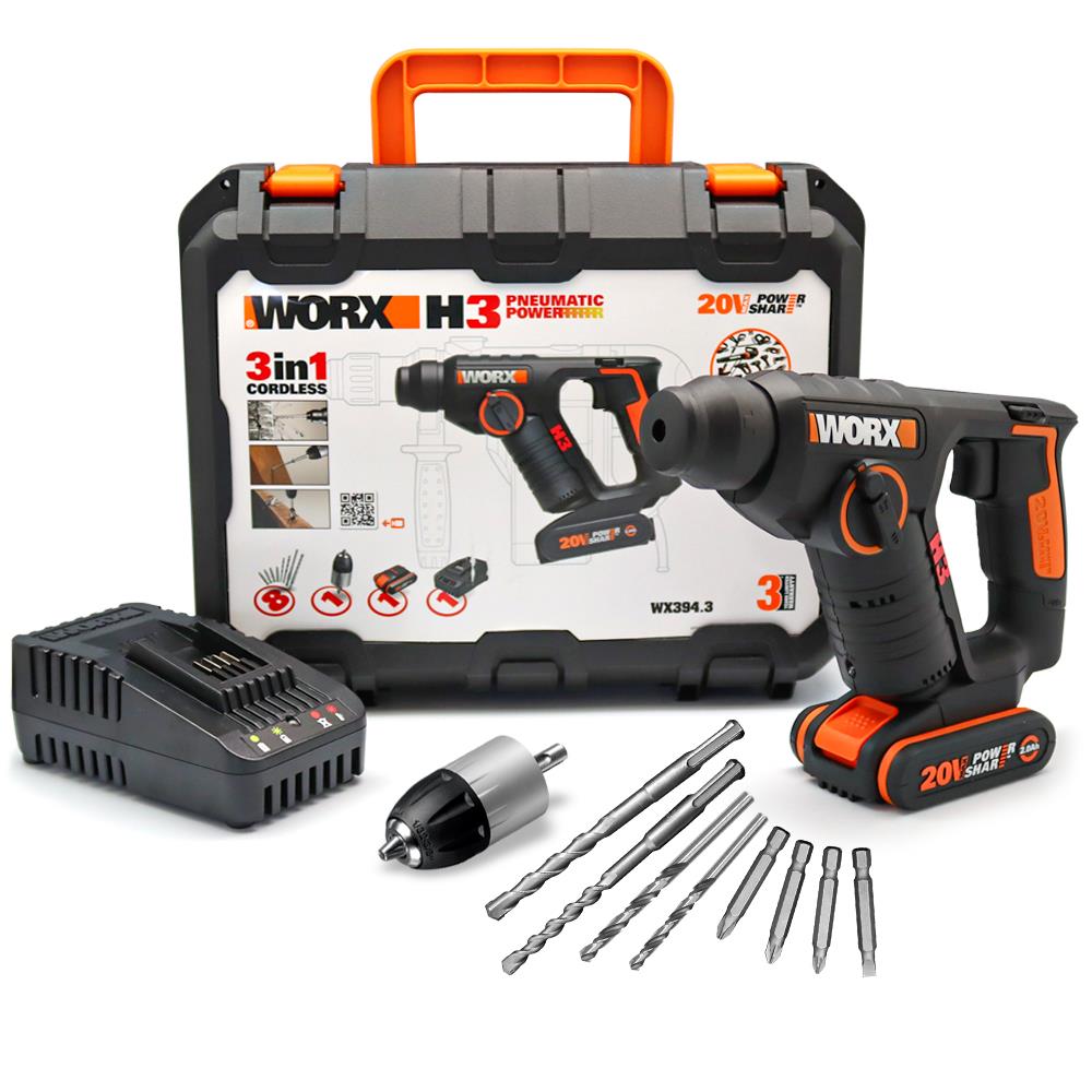 WORX%20WX394.3%2020Volt%202.0Ah.%20Li-ion%201.5J%20Profesyonel%20SDS-Plus%20Pnömatik%20Şarjlı%20Matkap%209%20Adet%20Uç%20Mandren