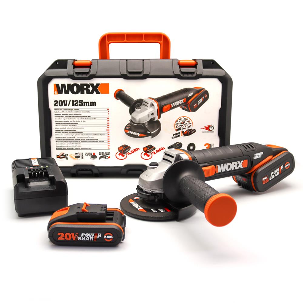 WORX%20WX803%2020Volt%202.0/4.0%20Ah.%20Li-ion%20Çift%20Akülü%20125mm%20Profesyonel%20Şarjlı%20Avuç%20Taşlama